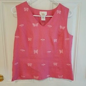 Talbots Pink 100% Irish Linen Top Side Zip Sz 12 Embroidered Bee Butterfly